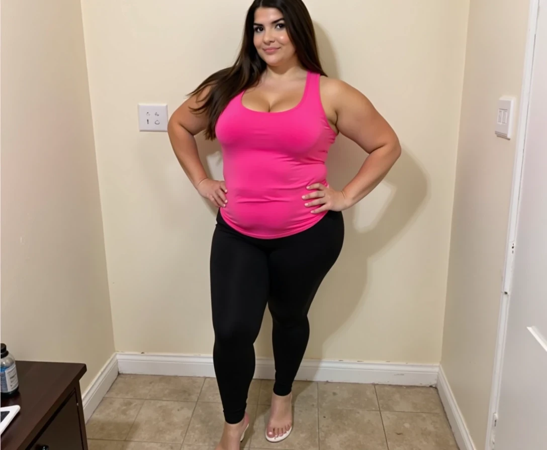 Photo of woman CSTMDL with massive round perfect boobs, she should have long straight hair, her cleavage should be pushed up, she should be 18, she should be wearing a low cut hot pink tank top, she should be wearing skin tight black yoga pants, she should be wearing white flip flops, she should be slim, she should have a massive perfect ass
