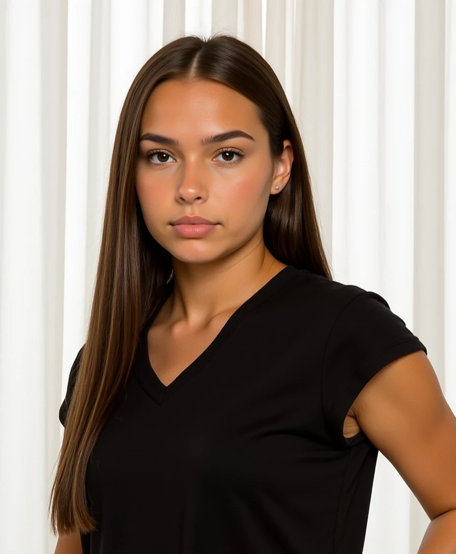 Picture of a CSTMDL
Big tits. Big ass. No hip dips. Fit. Wide hips.
She is an 18-year-old girl with long, smooth, medium-dark brown hair (straight to slightly wavy), parted near the center. Her eyes are large, almond-shaped, and warm brown with full lashes and arched brows. She has an hourglass figure: height ~64 in, bust 36 in (28 in underbust), waist 24 in, hips 39 in. Bust is full and projected, waist narrow and flat, hips broad and rounded with lifted glutes. Thighs are full (~24 in), tapering to proportional calves. Arms are slim (~9 in upper arm), shoulders softly broad and balanced with hips. Neck medium, torso compact with a narrow ribcage, legs long relative to torso. Posture upright with mild anterior pelvic tilt. Skin is smooth, lightly tanned, and even-toned.

Composition & Focus:
The framing centers tightly on the subject’s upper body, highlighting balance and symmetry. Soft daylight filters through sheer curtains behind her, creating a bright and natural backdrop that enhances her skin’s glow and the polished tones of the setting.

Expression & Mood:
Her expression is calm yet engaging — a poised confidence paired with a subtle, inviting smile. The direct gaze into the camera brings a personal, grounded energy to the portrait.

Styling & Lighting:

Outfit: A simple black top that contrasts cleanly against the light background, maintaining focus on form and expression.

Lighting: Natural daylight illuminates her features evenly, giving the image a smooth, sun-touched finish.

Makeup: Minimal yet refined — soft contour, warm blush, glossy lips, and accentuated eyes that add depth and intensity.

Atmosphere:
The overall tone is bright, intimate, and self-assured — a blend of casual ease and quiet allure, where simplicity and confidence become the focal points.