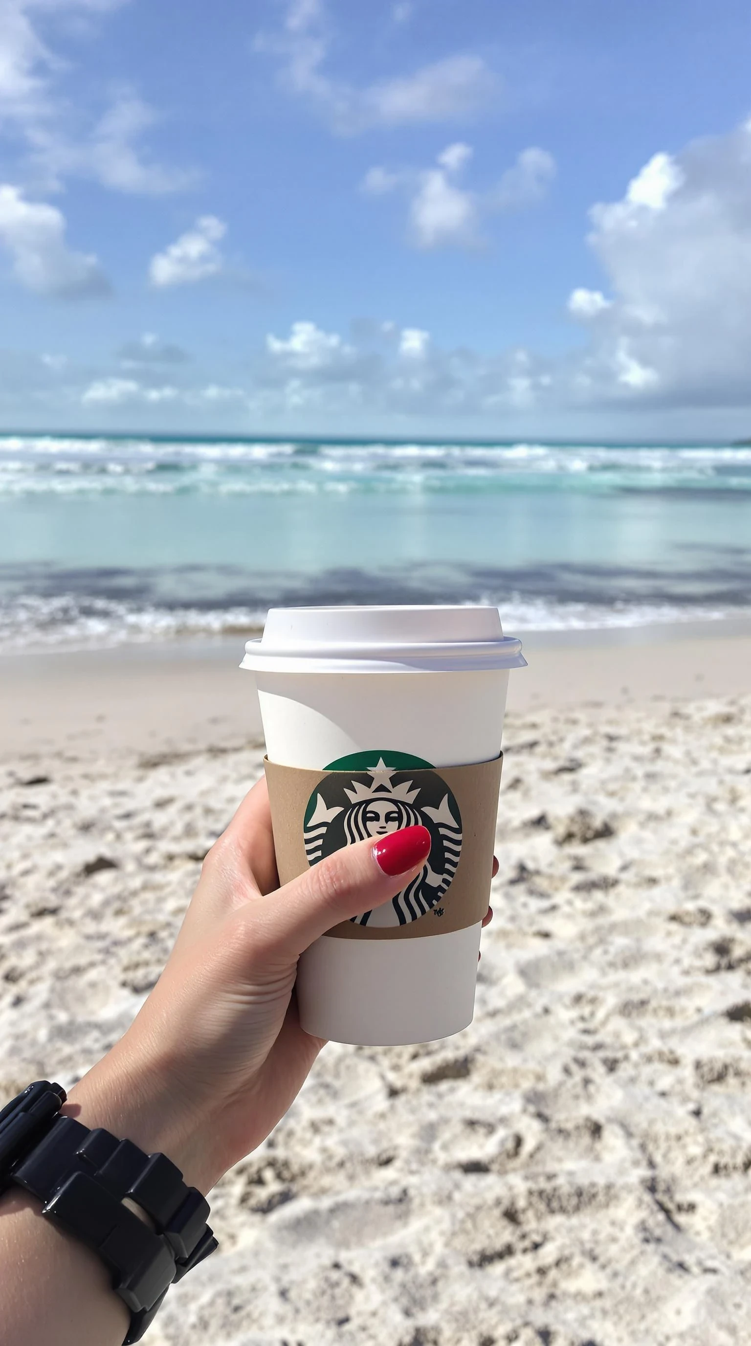 plain girl's hand holding starbuck coffee, red polished nails, at beach in miami,