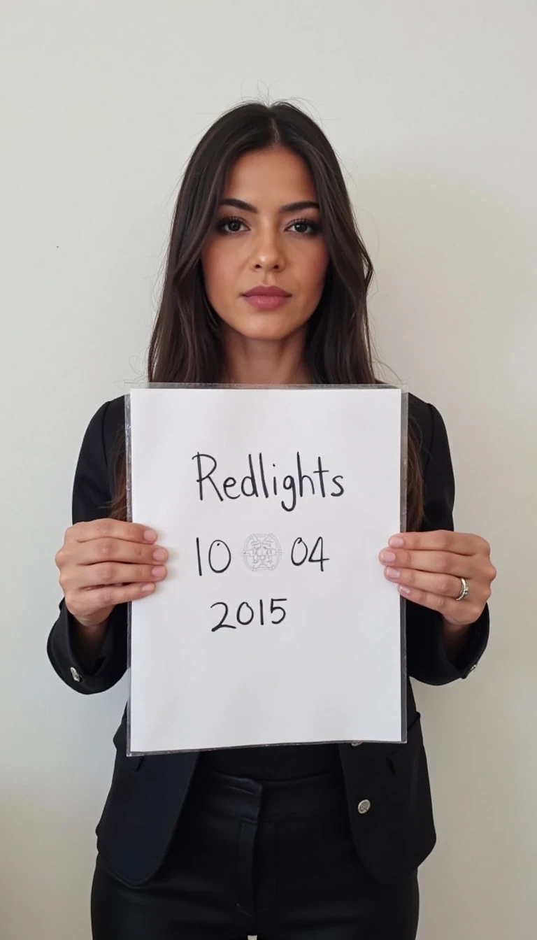 photo of woman CSTMDL, she is holding a piece of white paper written " Redlights with date 10/04/2015 " . background should be a normal white wall. phoso should be realistic like its taken from an iphone jpg