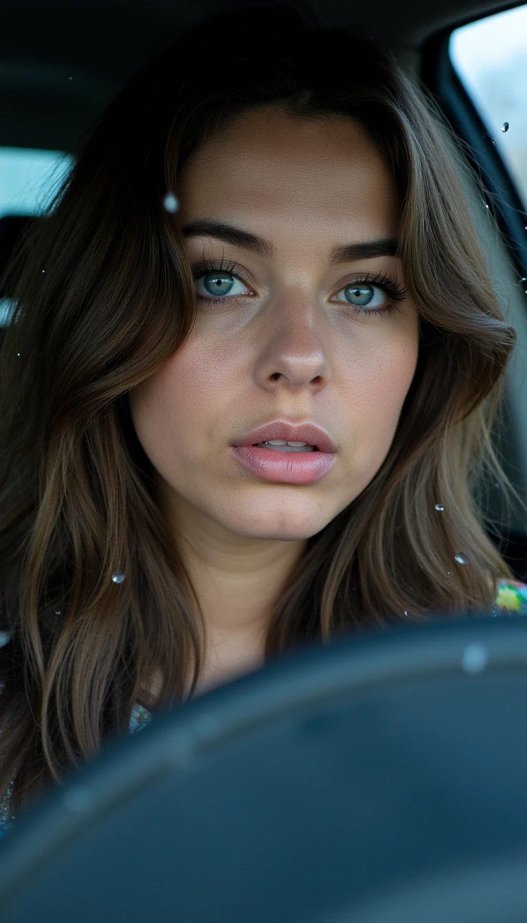 close-up of a feminine woman with big soft blue eyes, long dark lashes, defined cheekbones, wavy brown hair cascading over one shoulder, sensual yet innocent expression, slightly open lips, natural glossy skin texture, shot in soft afternoon window-light with shallow depth of field, polish girl,  front passenger grabs photo during light rain, she’s driving slowly, wipers mid-sweep, water droplets sharp on glass, cool bluish ambience, dashboard screen glow, slight motion blur, jpeg compression