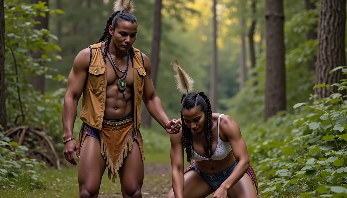 photo of woman CSTMDL, a medium shot photo of, a slim woman, her full body is in the scene, she has a slender petite build with petite small boobs and a flat chest, she has small dark skin nipples with long pointy nipple ducts and small dark skinned areolas, her hair is styled with two long braids she has eagle plumes in her hair, she is not wearing earrings, she is wearing daisy duke denim booty shorts, she is wearing a native American style vest in a golden yellow color over top of her underwear, she is holding her vest open exposing her strapless bra, her bra is a strapless white lace bra, she is wearing white lace panties, she is wearing ankle height smoked hide moccasins, natural lighting, natural light, amateur photography, shot on an iPhone, she is bent over on all fours on the ground with her legs spread wide apart in a densely wooded forest in front of a fat giant native American man, she is maintaining intense eye contact with the camera, a fat giant native American man is directly beside her holding onto booty, public setting, Hyper realism, 16k, uhd, ultra-sharp focus, perfect meshes and textures, highly detailed, highly accurate reflections, natural lighting, natural light, amateur photography,