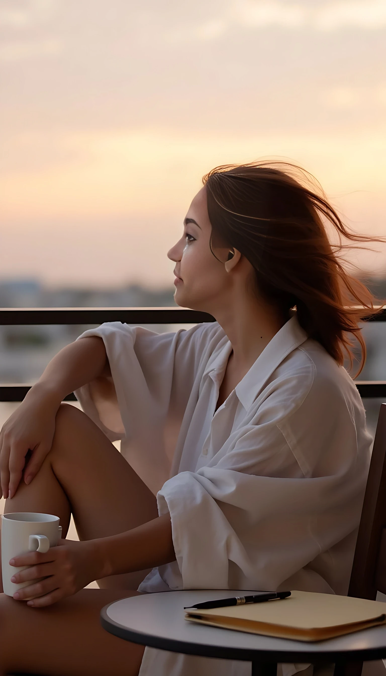 A young woman with slightly messy chestnut brown hair sits alone on a hotel balcony at golden hour, wrapped in a loose white linen shirt. Her legs are crossed, one hand holding a coffee mug, the other resting on her knee. She looks out over the horizon, eyes soft, lost in thought. The sky glows in soft pinks and oranges. Wind plays gently with her hair. There's a journal and a pen on the table beside her. The mood is intimate, poetic, and a little bit wistful. 4k, ultra realistic
