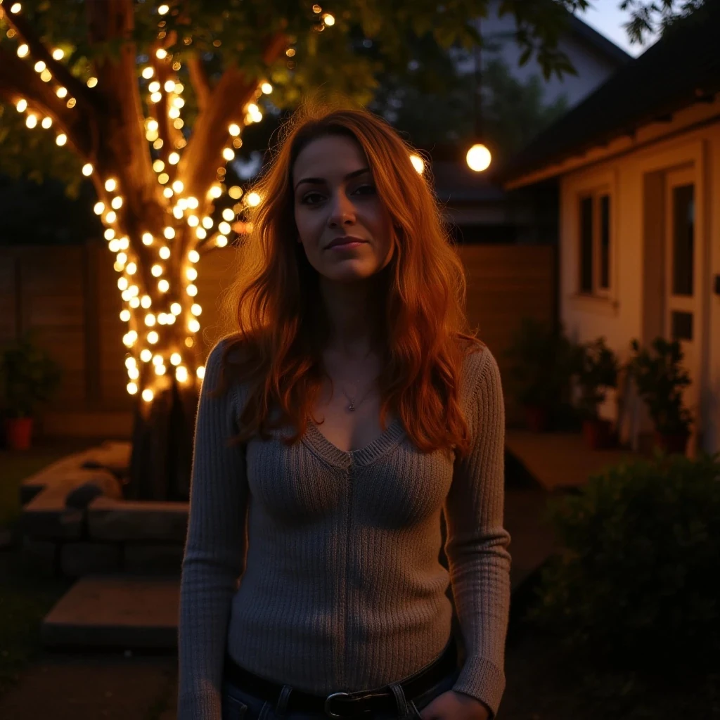 A full body shot photo of a woman standing outside the house cozy, warmly lit patio in the evening, with soft, glowing lights wrapped around a tree behind them creating a charming atmosphere. The image is rich in detail, with warm tones and clear textures throughout. The woman has fair skin, a slim build, and long reddish-blonde hair,