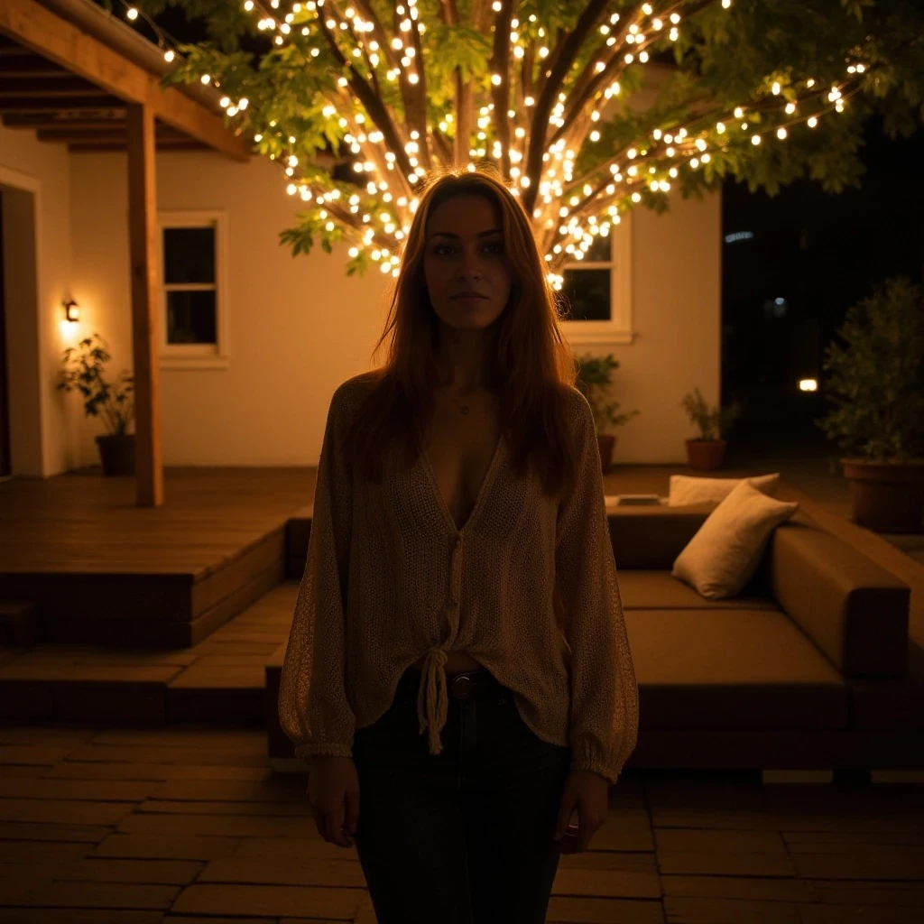 A full body shot photo of a woman standing outside the house cozy, warmly lit patio in the evening, with soft, glowing lights wrapped around a tree behind them creating a charming atmosphere. The image is rich in detail, with warm tones and clear textures throughout. The woman has fair skin, a slim build, and long reddish-blonde hair,