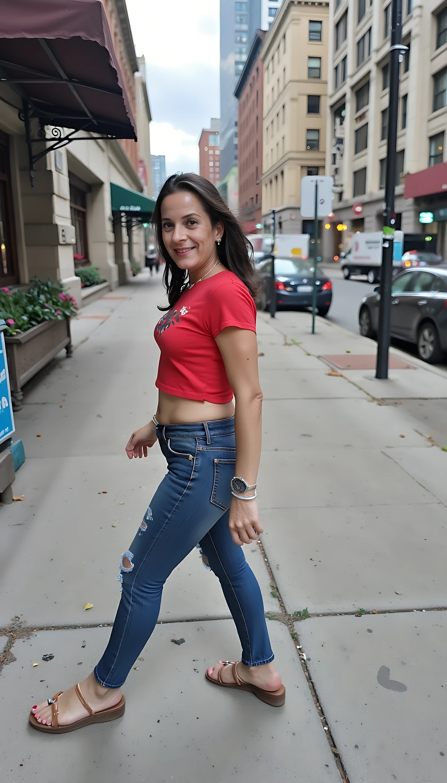 photo of brunette CSTMDL small saggy tits and chubby body,she is cute and smiling walking on streets of new york. side view not lookink at camera