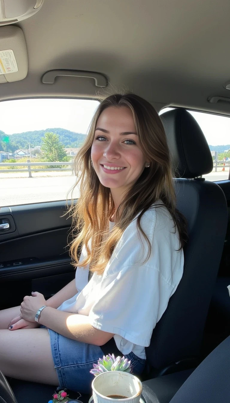 boring low quality snapchat photo circa 2015, A young woman with a warm smile, sitting in the driver's seat of a cozy car. She has soft, wavy brown hair cascading past her shoulders. The sunlight streams through the window, casting a gentle glow on her face. The interior of the car is neat and comfortable, with a coffee cup in the cup holder and a small plant on the dashboard. The background outside the window shows a scenic road lined with trees and blue skies