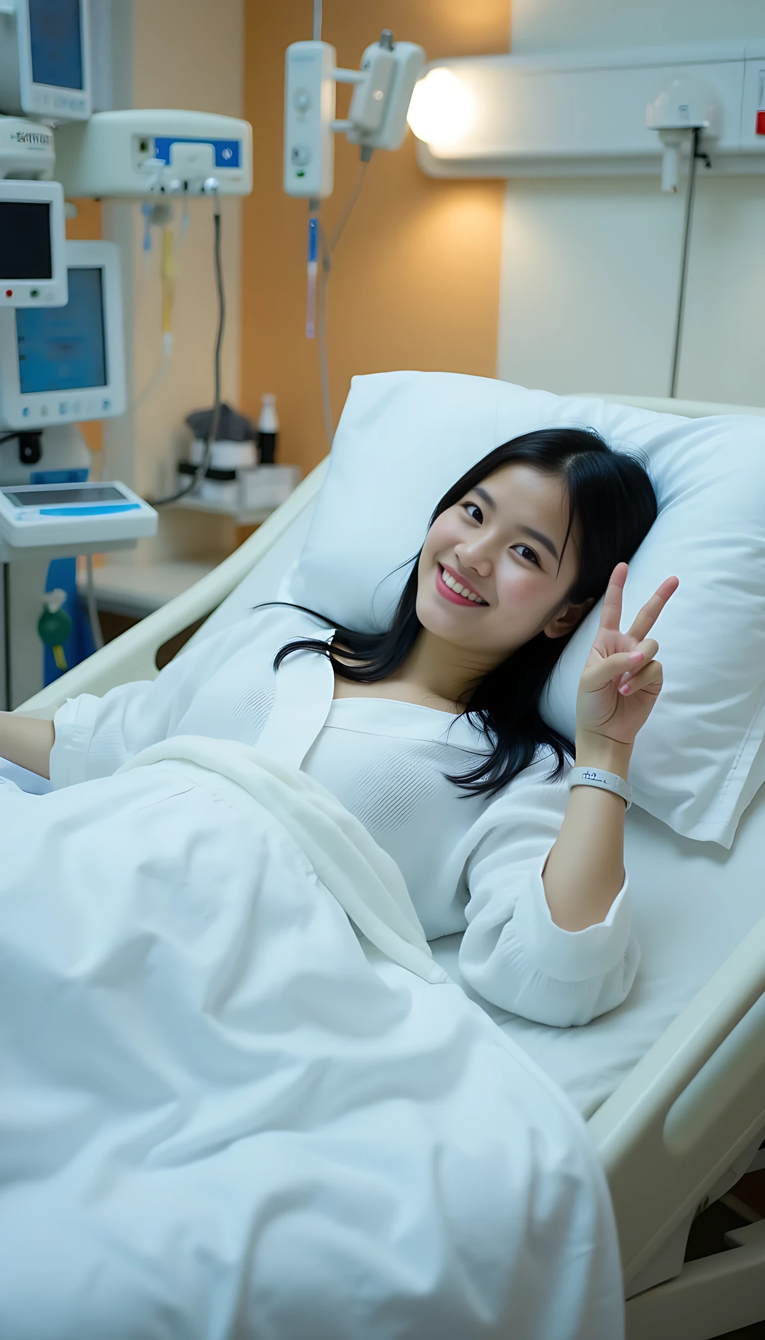 she is wiith black hair is lying on a hospital bed in a brightly lit hospital room. She is wearing patient robes and making a cheerful victory sign with her hand. The room is equipped with modern medical devices, including monitors and IV stands, giving a clean and professional atmosphere. Her expression radiates hope and resilience. The soft glow from the overhead lighting casts a warm and calming ambiance in the room, highlighting her gesture and the advanced medical setup around her.
