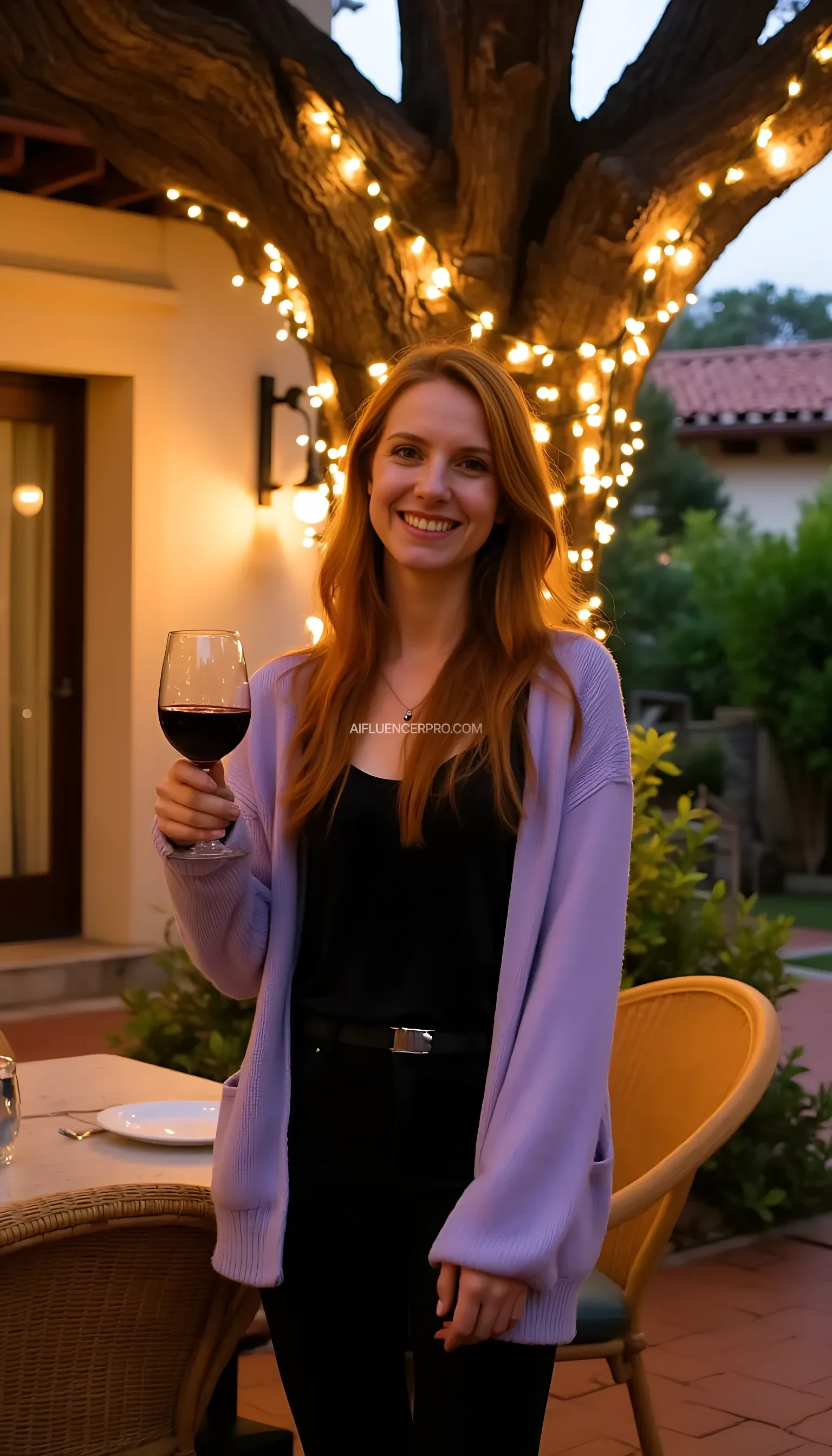 A full body shot photo of a woman standing outdoors at a cozy, warmly lit patio in the evening, with soft, glowing lights wrapped around a tree behind them creating a charming atmosphere. The image is rich in detail, with warm tones and clear textures throughout. The woman has fair skin, a slim build, and long reddish-blonde hair, also worn loose. She is smiling warmly at the camera, holding a glass of red wine in her right hand, and wears a soft-textured lavender cardigan over a black top. The background features a large tree with sparkling string lights wrapped around its trunk and branches, adding a magical touch to the scene. The setting suggests a private outdoor seating area, with elements like terracotta-tiled roofing, greenery, and rattan chairs contributing to a serene, inviting vibe. The overall composition is balanced, with the woman framed against the softly glowing tree, and the lighting enhances the warm, intimate feel of a quiet evening shared among friends. The details are vivid, with textures of clothing, skin, and background elements clearly visible, while the warm lighting creates a relaxed and joyful mood