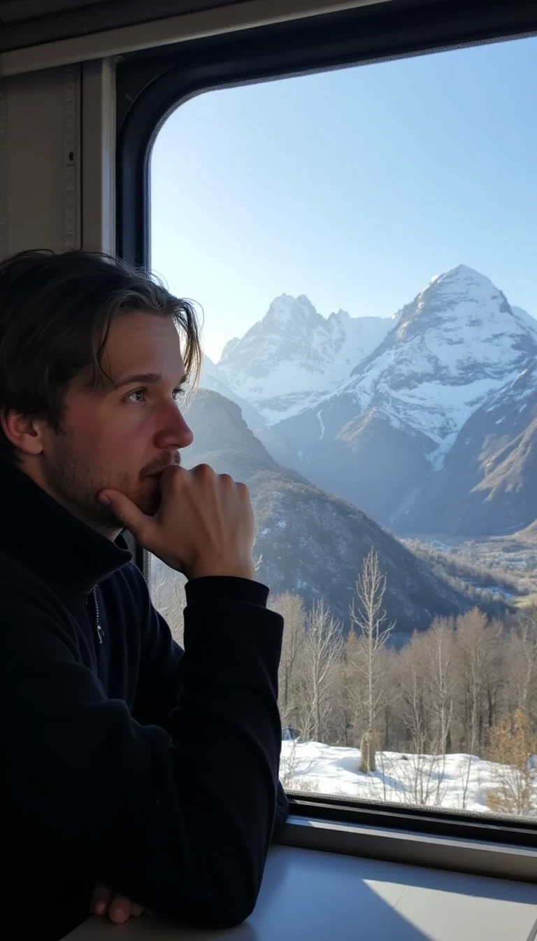 A long range low quality snap chat photo of CSTMDL looking out a train window towards the mountains of Switzerland where we can see majority of his body and the camera snapping the photo from the opposite side of the other seats facing him, the weather outside is cold but with the sun shining on the mountains peeks but having coverage of snow at the top of the mountain. he has his chin resting on one of his hands and the elbow on the base of the table with his head turned towards the scenery while the beautiful sunlight shines through the window. 