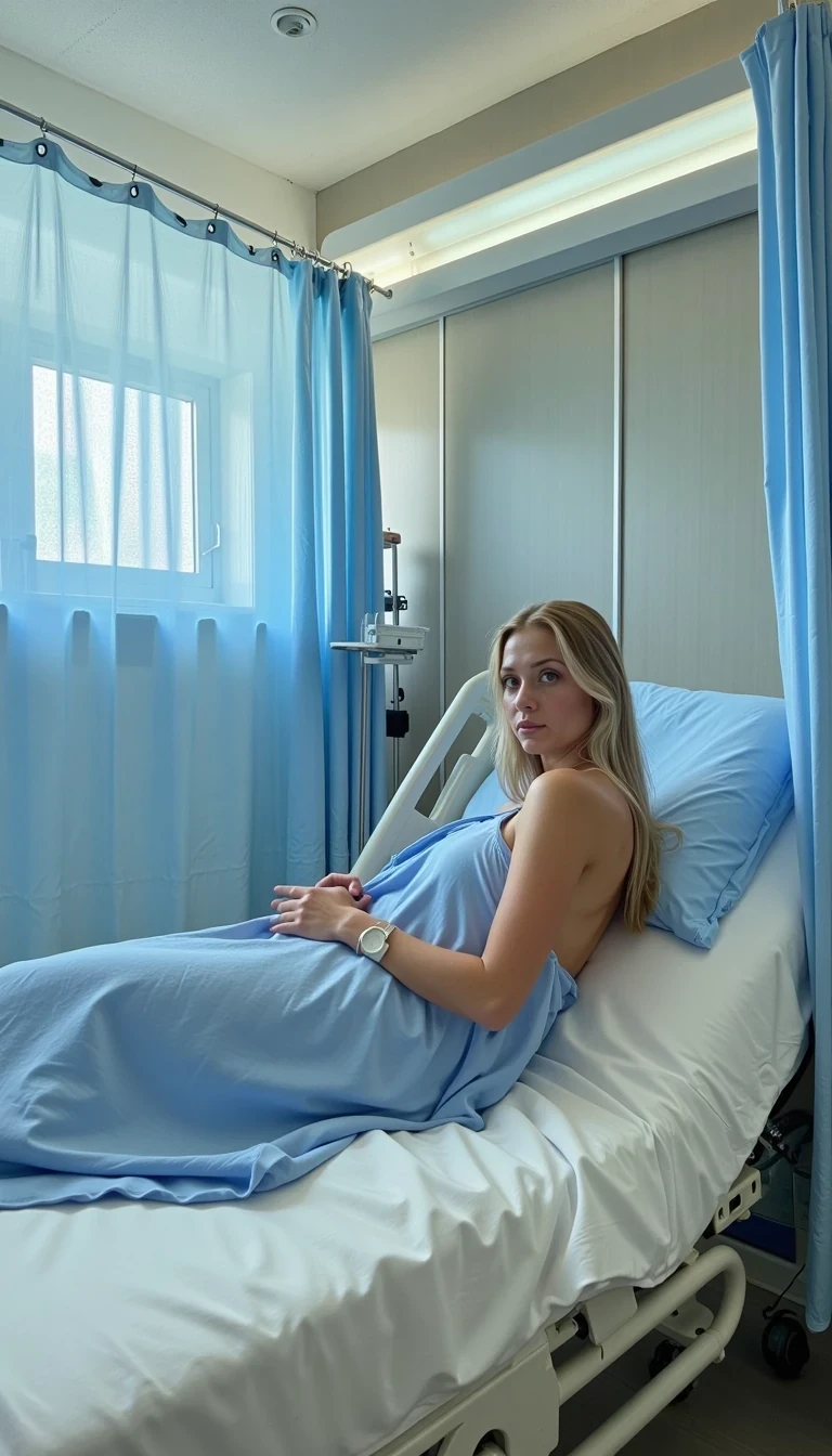 CSTMDL, Hailey, hyper-realistic photograph of a young woman in her early-20s with warm fair skin tone, blonde hair cascading over her shoulders, laying on a hospital bed in a sterile hospital room with light blue privacy curtains drawn partially, wearing a loose-fitting blue long hospital gown, the gown tied loosely at the back and slightly open to reveal her smooth bare back and buttocks, her body slightly arched as she looks over her right shoulder with a serious, intense gaze and subtle confident demeanor, no visible sweat or signs of exertion, no accessories except the gowned one white hospital band on her right wrist, background includes a white-sheeted hospital bed with blue pillow and folded white blanket, medical equipment like an IV stand and glove box on a side table, fluorescent ceiling lights casting soft cool white illumination with subtle shadows on the tiled floor and walls, dominant colors are, soft blues, and sterile whites, overall atmosphere of quiet vulnerability mixed with subtle allure, medium shot from a low angle behind her, captured with a Canon EOS 5D Mark IV camera using a 50mm prime lens at f/2.8 aperture, ISO 200, natural indoor lighting with high detail and sharpness, photorealistic textures on the thin cotton fabric of the gown with faint wrinkles and soft folds, glossy tile floor reflections, ultra-detailed skin pores and hair strands, indistinguishable from a real high-resolution photo