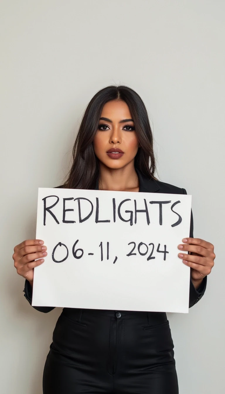 photo of woman CSTMDL, woman holds a sign with handwritten text. She is wearing long sleeves and has neutral makeup. The sign reads "REDLIGHTS" followed by "06/11/2024" in a simple script. The background is a plain, light-colored wall, providing a minimalist and uncluttered setting.