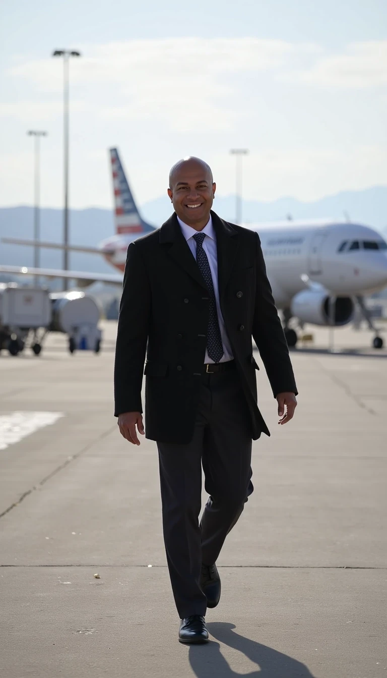 full body, cstmdl, walking on tarmac , smiling, bald