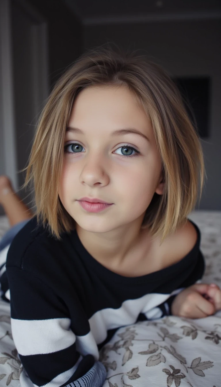A young pre teen female model, cowboy emo vibe, blonde hair messy with emo streaks, blue eyes with smudged eyeliner. She is lying in bed taking a casual selfie, outfit: oversized band tee slipping off the shoulder. Mood: candid and cozy, soft smile. Style: natural light, moody filter, casual Instagram post. CSTMDL