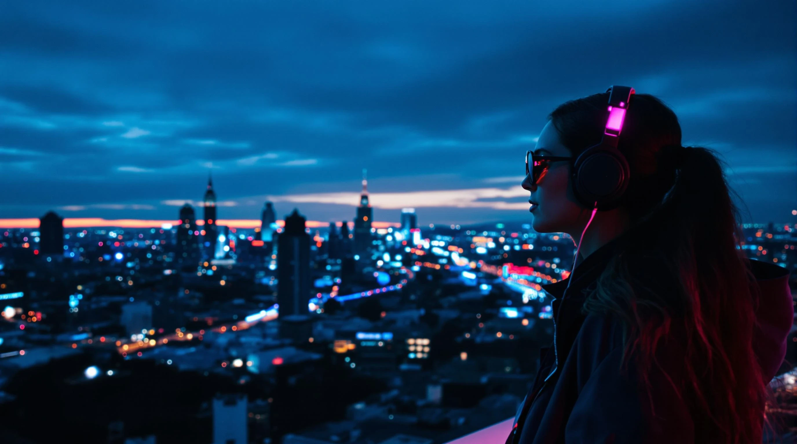 A realistic photo of a stylish young woman with long hair standing on a rooftop at sunset, wearing headphones and looking over a glowing city skyline. The city lights reflect in her sunglasses. She is positioned on the edge right side of the image, leaving space on the left for a central logo. Moody but vibrant colors with blue and neon pink accents, urban atmosphere, high detail, cinematic lighting, slightly futuristic vibe.

