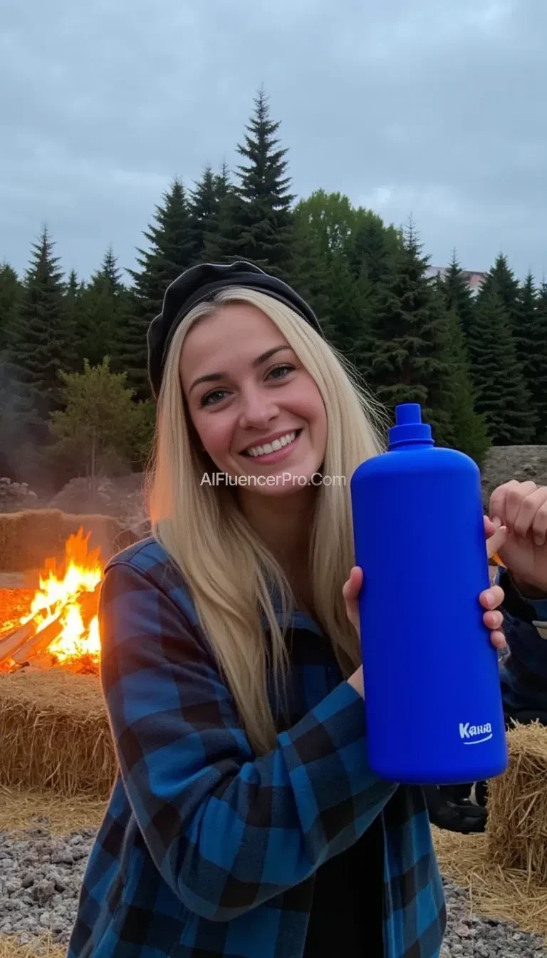 A young woman with long, light hair wears a blue plaid jacket and holds a large blue water bottle. She smiles warmly under a dark headband. The setting is outdoors with hay bales and a small campfire, casting a warm glow on her. In the background, there are dark green trees and the sky is overcast with a faintly visible billboard. The ground is covered with straw and ash, enhancing the rustic atmosphere. Spreading her tits and pussy 