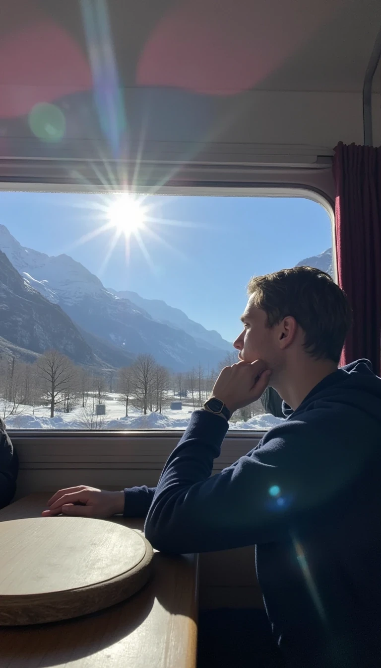 A long range low quality snap chat photo of CSTMDL looking out a train window towards the mountains of Switzerland where we can see majority of his body and the camera snapping the photo from the opposite side of the other seats, the weather outside is cold but with the sun shining on the mountains peeks but having coverage of snow at the top of the mountain. he has his chin resting on one of his hands and the elbow on the base of the table with his head turned towards the scenery while the beautiful sunlight shines through the window. 