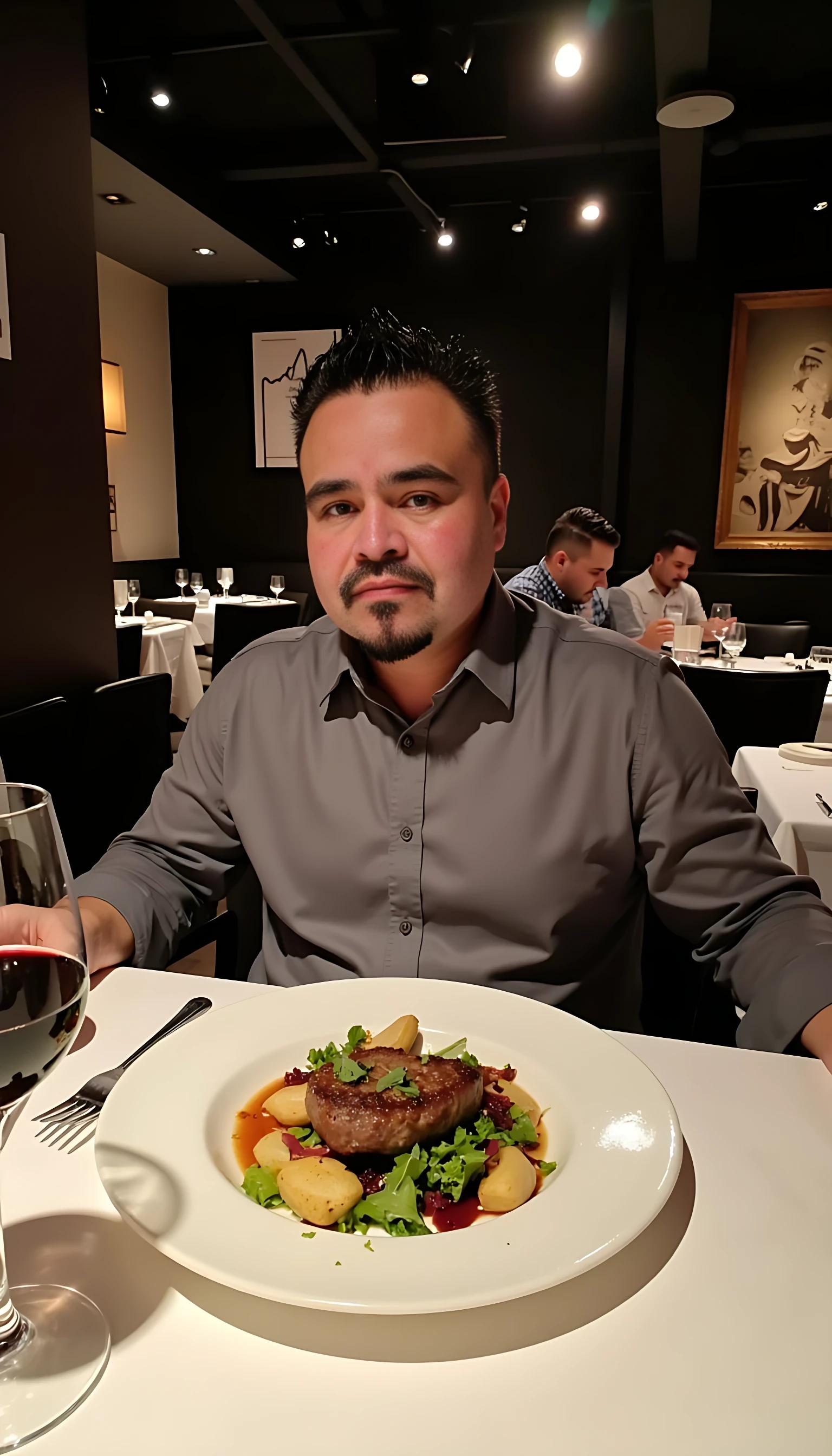 Man average body wearing a  gray dress shirt seating on a table of fancy restaurants with low lights  with a plate of steak and vegetables  and a glass of wine 