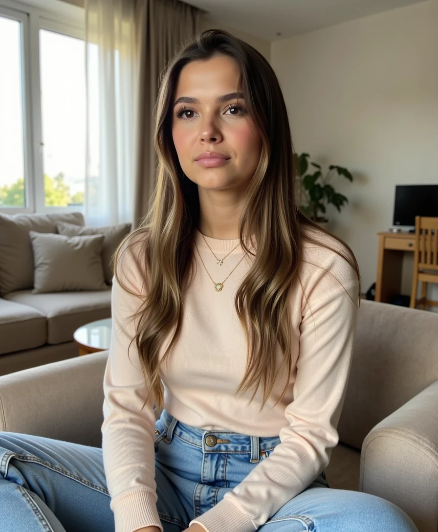 Full body lifestyle photo of a 18-year-old woman CSTMDL with hazelnut eyes, light brown hair styled in soft waves, fully toned skin, and big full symmetrical lips. She is in her living room, wearing a simple pastel-colored casual outfit: a soft beige sweater and comfortable jeans. She is sitting on a modern couch with her legs folded slightly to the side, hands gently resting in her lap, looking innocent and thoughtful as she gazes off into the distance. 

The atmosphere is calm, intimate, and natural, with soft natural daylight filtering through a nearby window, creating warm highlights on her face and hair while casting gentle shadows across the room. The background includes subtle home details such as cushions, a coffee table, and a small plant, softly blurred to keep the focus on her expression. 

The composition is a full body shot, centered to capture her relaxed posture on the couch, with emphasis on her innocent facial expression and thoughtful mood. Technical aspects: DSLR 50mm lens look, shallow depth of field with soft bokeh, HDR, ultra photorealistic, professional photography, highly detailed skin and fabric texture, 8k high definition, Instagram lifestyle style.
Sharp focus on facial features, High dynamic range, 85mm lens look