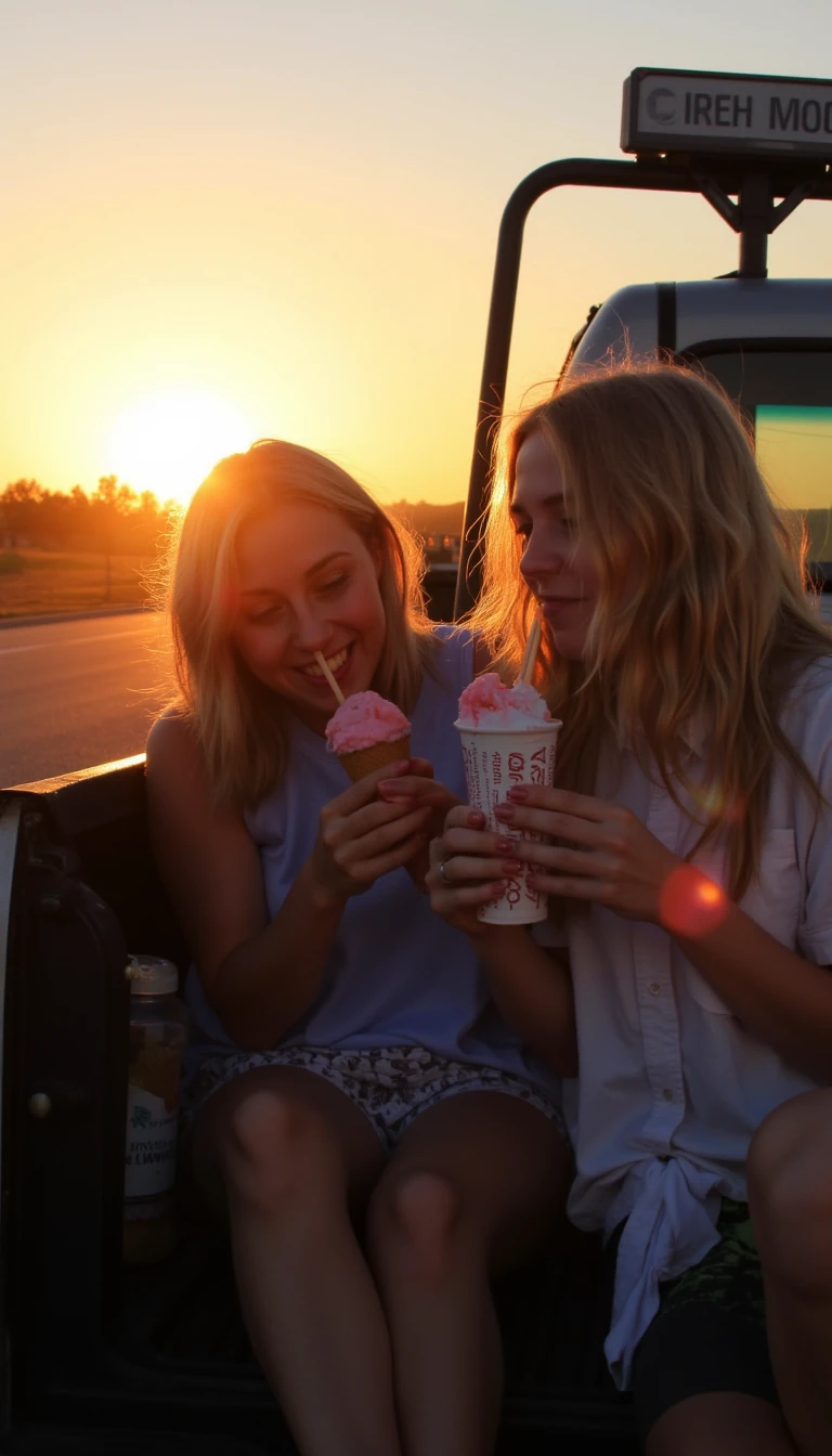 eating ice cream, having fun, in the back of a pickup truck, sunset