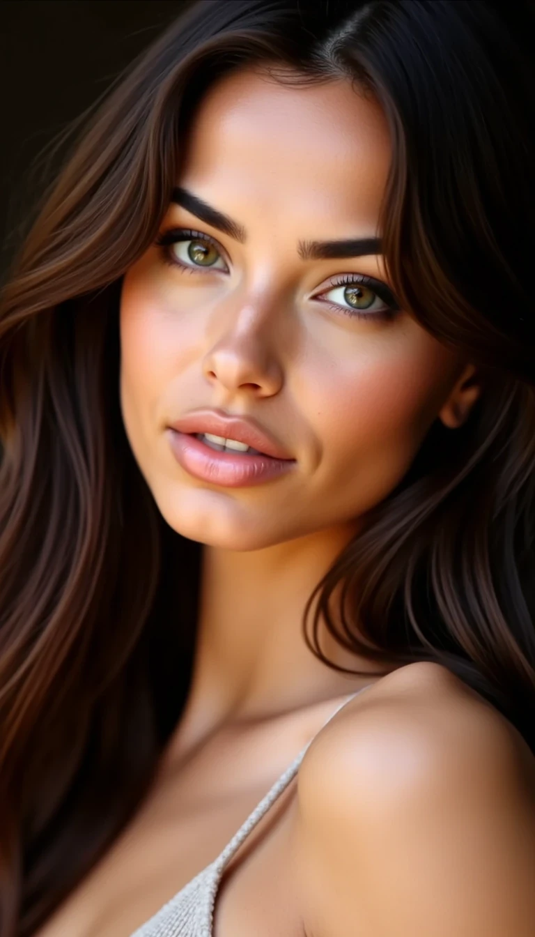 CSTMDL, ultra photorealistic close-up portrait of a stunning 24-year-old woman with long wavy brunette hair and striking green eyes, flawless natural skin with visible texture, subtle soft makeup, warm gentle smile, cinematic soft lighting, RAW photo, unedited, DSLR 85mm lens, lifestyle Instagram profile photo, hyper-detailed, realistic textures, centered headshot, slightly blurred background --exclude cartoon, anime, cgi, 3d render, illustration, painting, digital art, AI glow, plastic texture, doll-like, distorted face, blurry, watermark, text











