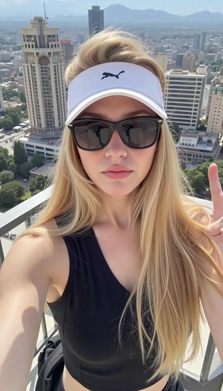 selfie of blonde CSTMDL woman taken from highup, one hand raised, sportwear