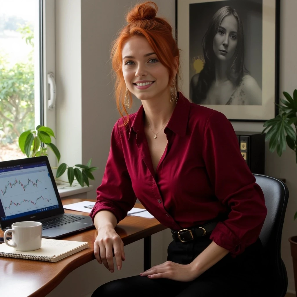 A hyper-realistic portrait of Ember, a stunning redhead woman, sitting in a modern home office with natural daylight streaming through a window, fiery red hair in a loose bun with strands framing her face, emerald eyes sparkling with confidence, freckled porcelain skin with a soft glow, wearing a tailored crimson blouse with sleeves rolled to elbows, high-waisted black trousers with a sleek leather belt, gold earrings glinting, standing by a wooden desk with a laptop open to stock charts, coffee mug, notebook, and pen nearby, papers slightly scattered, warm smile, photorealistic, 4K, soft natural light, high detail, lifelike textures, cyberpunk vibe, --ar 9:16