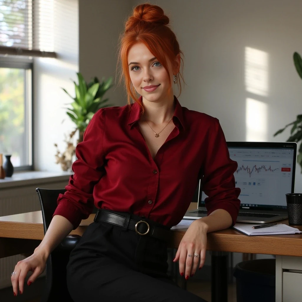 A hyper-realistic portrait of Ember, a stunning redhead woman, sitting in a modern home office with natural daylight streaming through a window, fiery red hair in a loose bun with strands framing her face, emerald eyes sparkling with confidence, freckled porcelain skin with a soft glow, wearing a tailored crimson blouse with sleeves rolled to elbows, high-waisted black trousers with a sleek leather belt, gold earrings glinting, standing by a wooden desk with a laptop open to stock charts, coffee mug, notebook, and pen nearby, papers slightly scattered, warm smile, photorealistic, 4K, soft natural light, high detail, lifelike textures, cyberpunk vibe, --ar 9:16