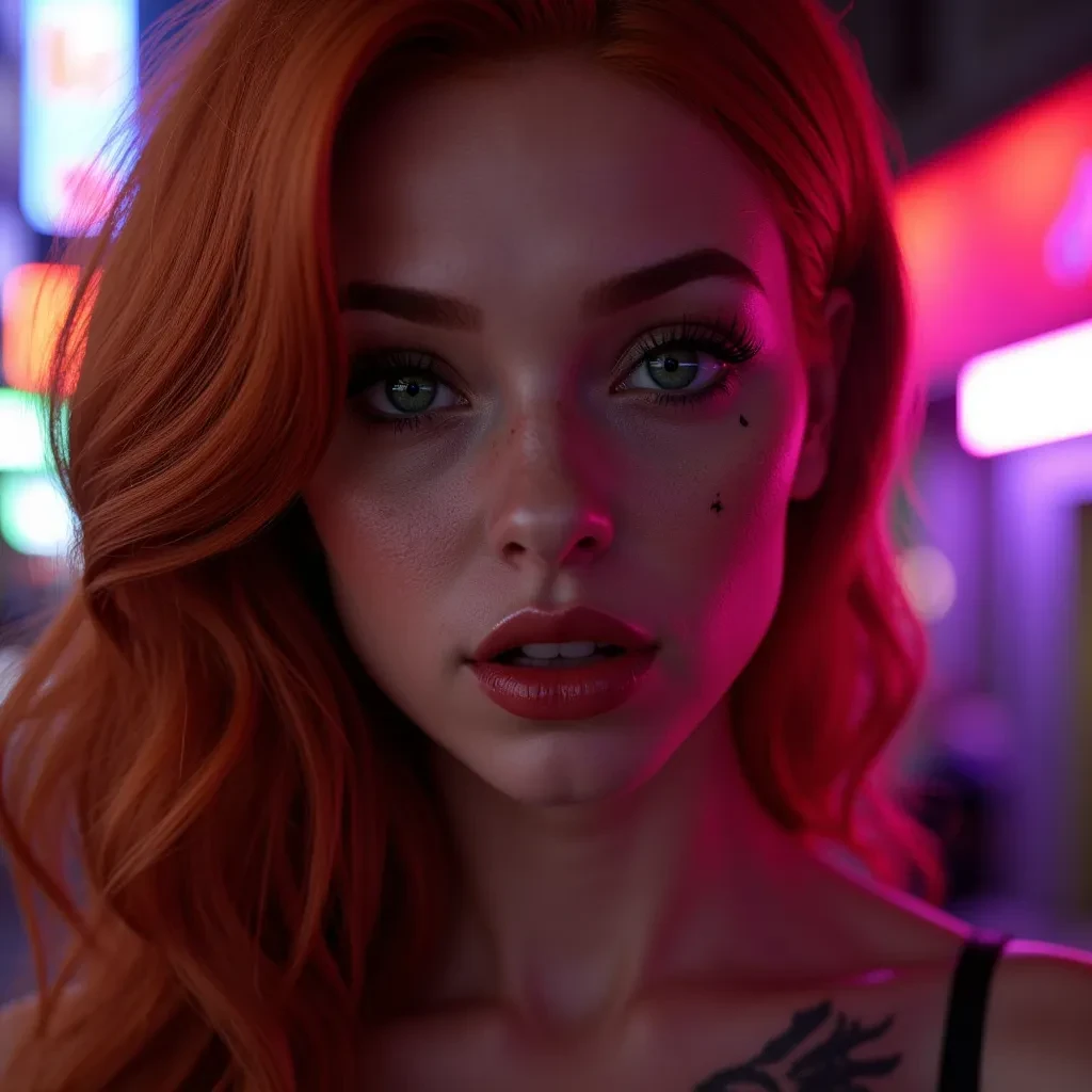A hyper-realistic close-up of Ember’s face, a stunning redhead, fiery red hair in loose waves framing her face, emerald eyes smoldering with mischief, long dark lashes catching neon light, freckled porcelain skin with a sultry glow, full lips lightly glossed in crimson, a small beauty mark above her left eyebrow, flame tattoo peeking on her collarbone, soft city glow in the background, photorealistic, 4K, warm reds/neon purples, high detail, lifelike textures, cyberpunk vibe, --ar 1:1