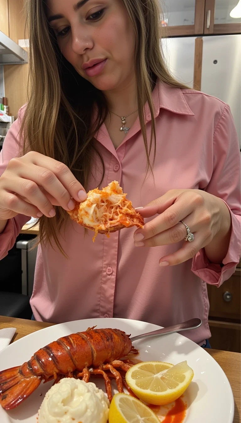 make woman eat pink lobster