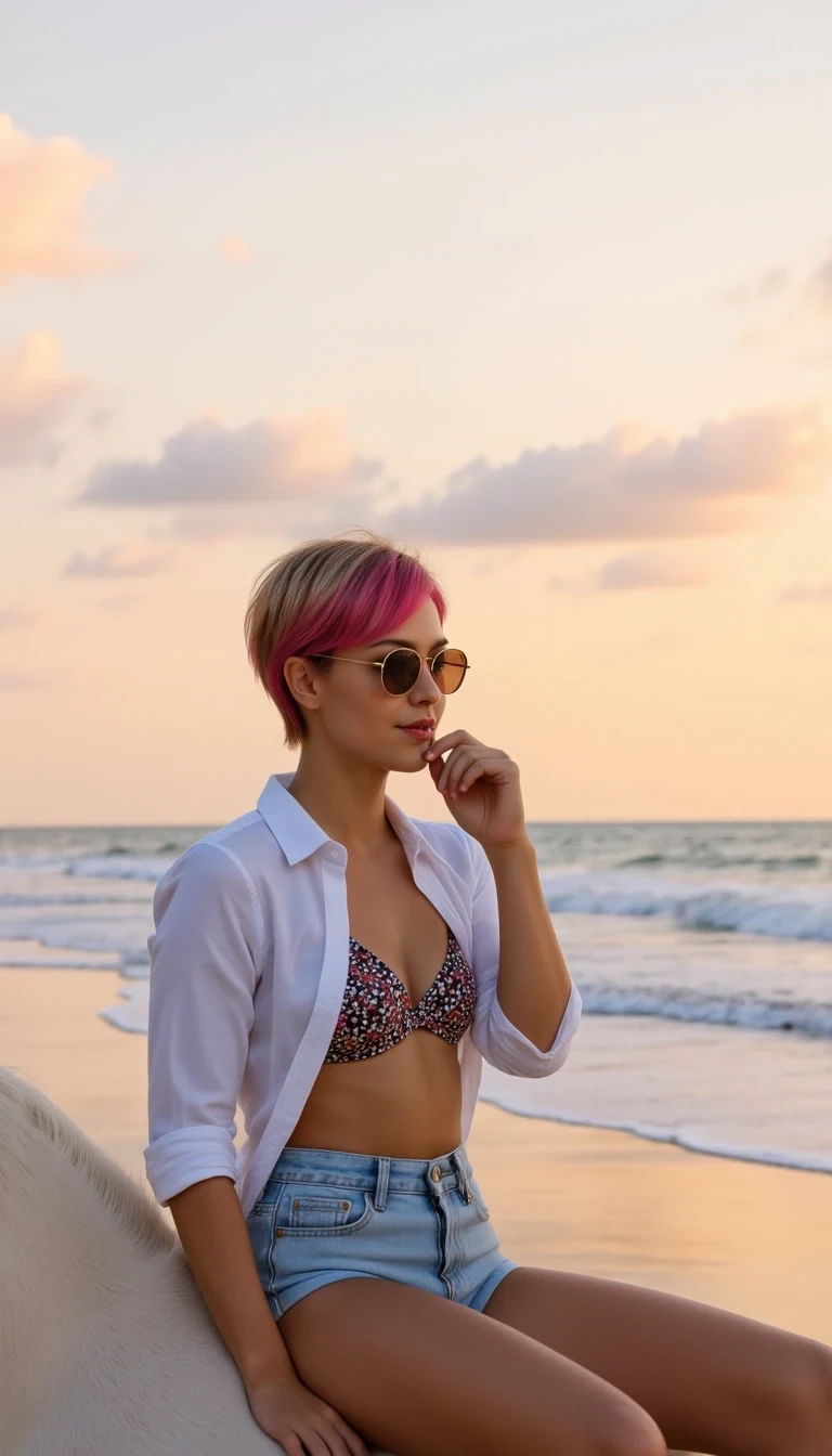 A confident, fit young woman a stylish woman featuring pixie cut vibrant hot pink highlights blended with natural platinum blonde hair and wearing aviator sunglasses, and a confident smile poses  riding a white horse along the beach at sunset. She is wearing a patterned bikini top, a white open shirt falling off her shoulders, and light denim shorts. Her legs are bare, and she sits gracefully without shoes. The ocean waves gently crash behind her under a pastel-colored sky, glowing in warm orange and gold hues. Her pose is thoughtful, with one hand near her lips and her eyes gazing into the horizon. The atmosphere is serene, cinematic, and romantic






















