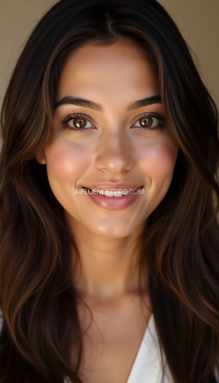 Ultra-realistic portrait of a stunning 19-year-old woman, flawless glowing skin, big almond-shaped hazel eyes, full glossy lips, perfect jawline, long silky dark brown hair, subtle contour makeup, soft flirtatious smile, symmetrical features, warm lighting, looking directly at camera, plain blurred background, 8k photo quality