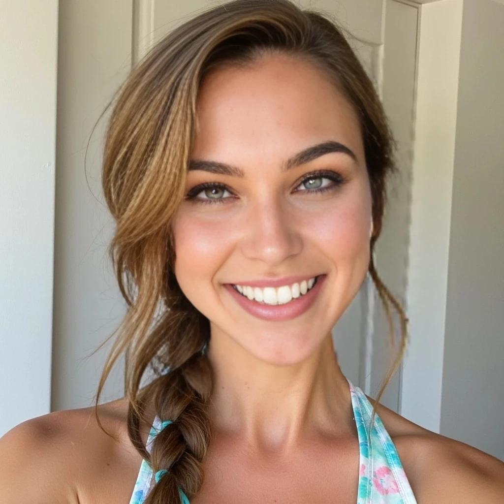 She has long, light brown hair styled in a loose side braid with a turquoise ribbon or hair wrap accent woven in. Her skin is lightly tanned, and she has a clear complexion. She has a natural, fresh-faced look with minimal makeup, and she is smiling warmly. Her eyes appear light in color—likely blue or green—and her eyebrows are well-groomed and natural.