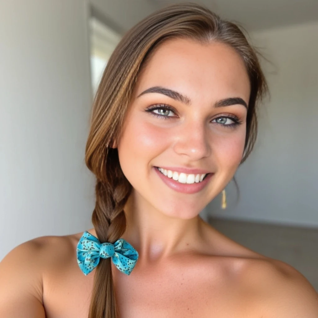 She has long, light brown hair styled in a loose side braid with a turquoise ribbon or hair wrap accent woven in. Her skin is lightly tanned, and she has a clear complexion. She has a natural, fresh-faced look with minimal makeup, and she is smiling warmly. Her eyes appear light in color—likely blue or green—and her eyebrows are well-groomed and natural.