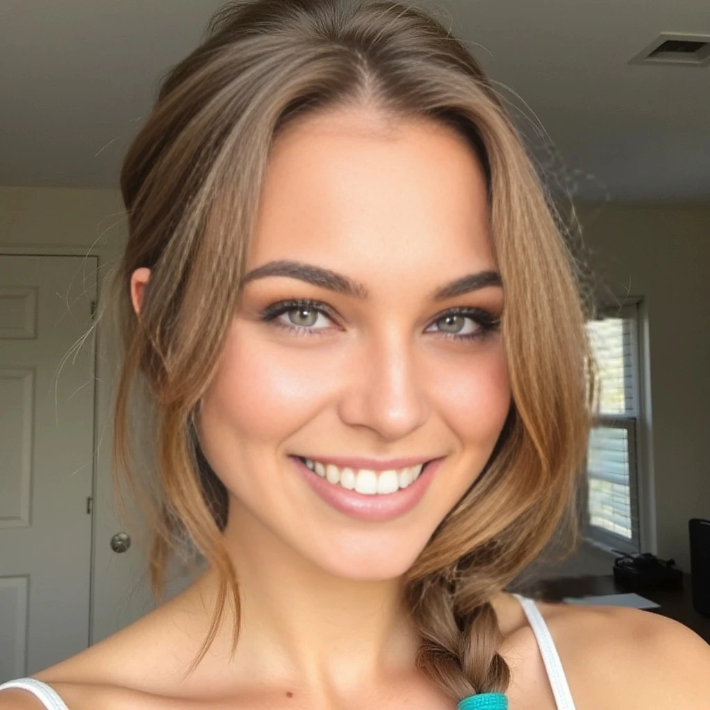 She has long, light brown hair styled in a loose side braid with a turquoise ribbon or hair wrap accent woven in. Her skin is lightly tanned, and she has a clear complexion. She has a natural, fresh-faced look with minimal makeup, and she is smiling warmly. Her eyes appear light in color—likely blue or green—and her eyebrows are well-groomed and natural.