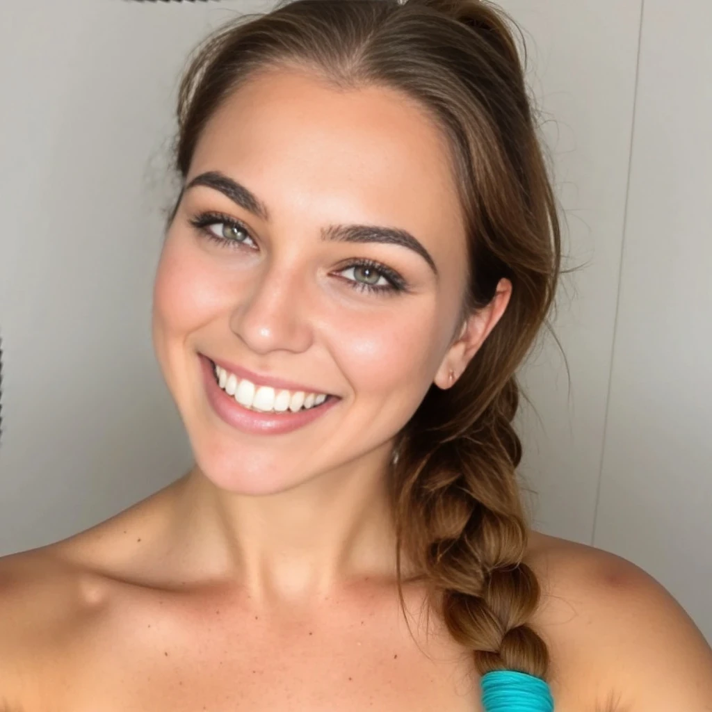 She has long, light brown hair styled in a loose side braid with a turquoise ribbon or hair wrap accent woven in. Her skin is lightly tanned, and she has a clear complexion. She has a natural, fresh-faced look with minimal makeup, and she is smiling warmly. Her eyes appear light in color—likely blue or green—and her eyebrows are well-groomed and natural.