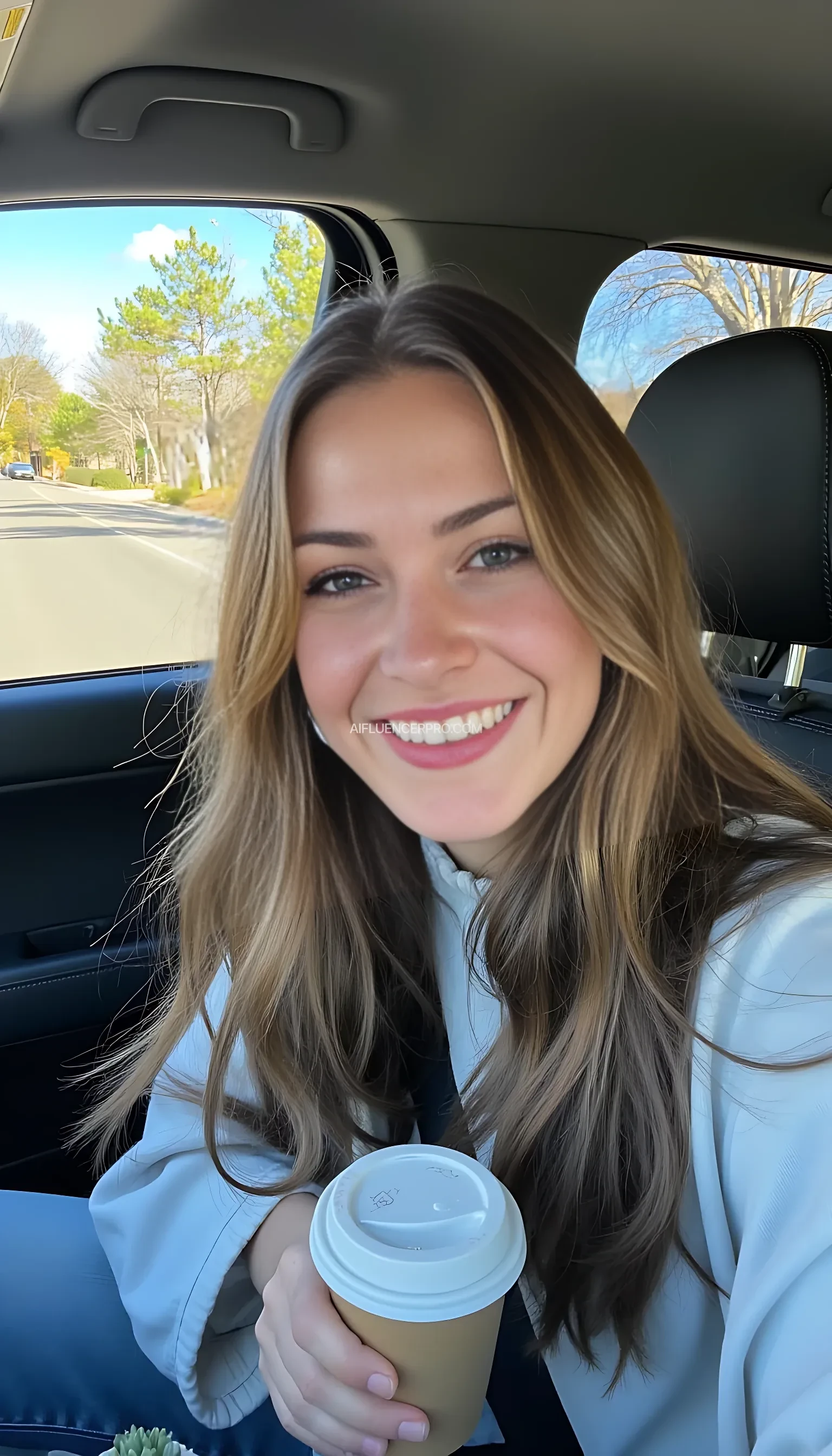 boring low quality snapchat photo circa 2015, A young woman with a warm smile, sitting in the driver's seat of a cozy car. She has soft, wavy brown hair cascading past her shoulders. The sunlight streams through the window, casting a gentle glow on her face. The interior of the car is neat and comfortable, with a coffee cup in the cup holder and a small plant on the dashboard. The background outside the window shows a scenic road lined with trees and blue skies