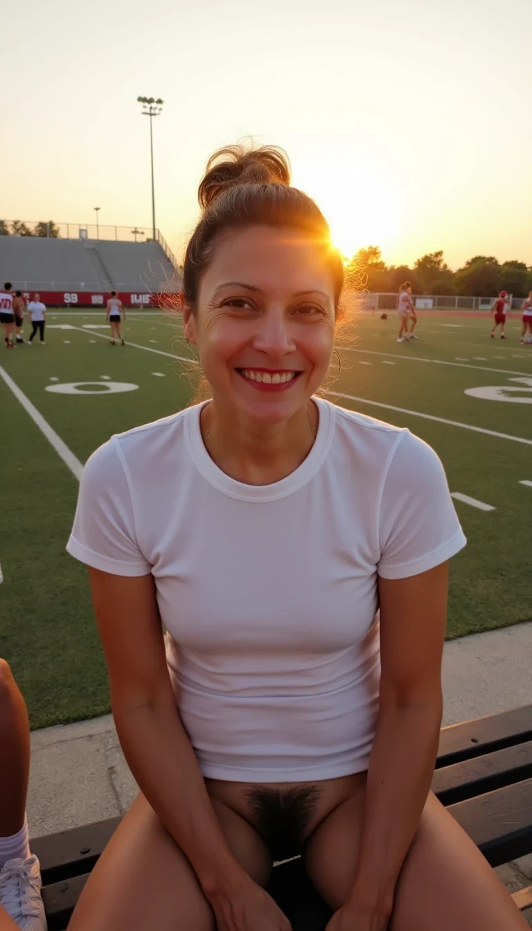 photo of woman CSTMDL, boring low quality snapchat photo circa 2015, The scene features a young college girl, sitting on a gym bench. She’s dressed in gym shorts and white tshirt. The background shows a football field at sunset, with visible goalposts and field markings instead of a construction site. The light is from the setting sun, casting an orange glow across her face and body without the sun itself being visible. The warm hues create soft, elongated shadows, adding a relaxed, end-of-day atmosphere. The scene feels spontaneous and candid, with several football players visible in the background practicing on the field.