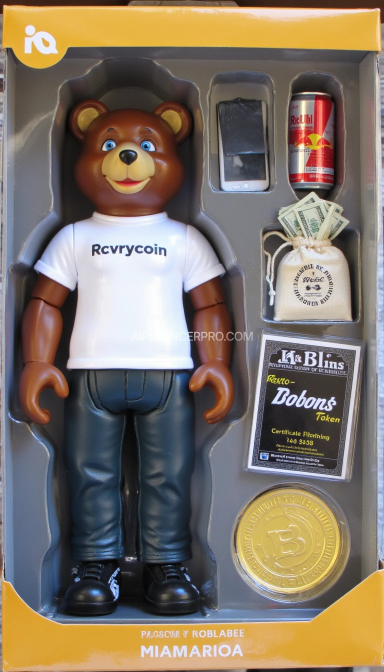 A plastic bear action figure set in packaging featuring 1 action figure. On the outside boarder edge of the box, in the top left it reads (Adams Designs). The action-figure is male bear and dressed in a white shirt that clearly reads "Rcvrycoin" in black with hip jeans. The action figure has a plastic doll-like action figure face. For his facial expression, he is smiling. he has brown fur and blue eyes. he has bendable arms and legs. he is wearing black and gold Nike shoes. In one hand, he is holding a token. His other hand is giving a thumbs up. The packaging includes the following accessories inside the box: one tablet, one red bull energy drink, one canvas bag stuffed with dollar bills (the bag is clearly labeled CRYPTO FUNDS), one magazine that clearly reads (RCVRY Token Magazine), an official-looking certificate with a gold seal on it that clearly reads "Rcvrycoin".  The package looks to be wrapped in plastic on the outside.