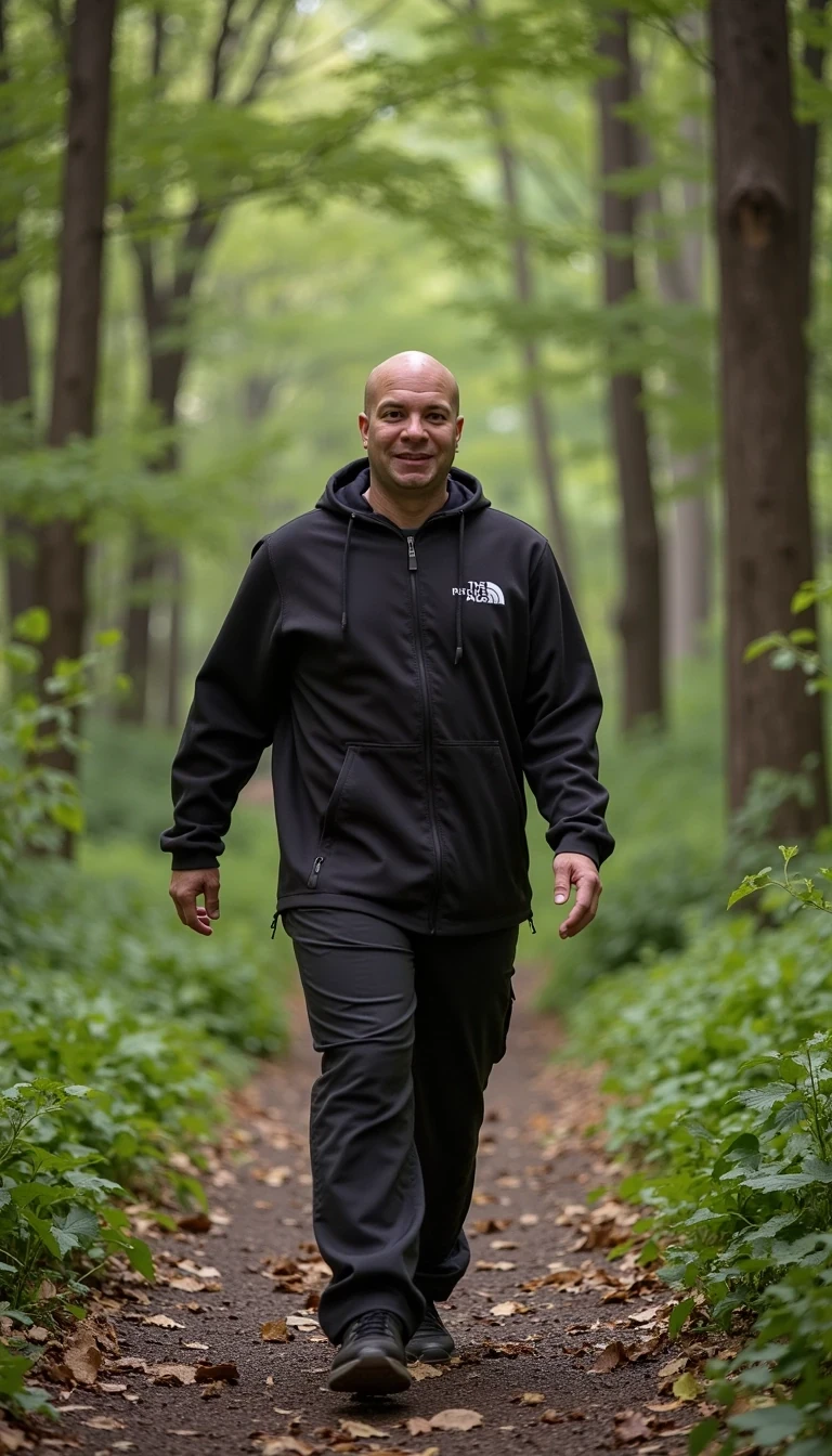 full body, cstmdl, walking in woods , smiling, bald