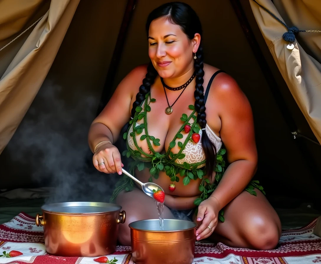 Amateur photography a medium shot photo of CSTMDL ... a 35-year-old milf. The woman who is Native American has white skin tone, she is short with a chubby build, huge natural boobs, her nipples are big and dark pink skinned. Her areolas peek out of her bra. She is wearing her hair in a native American style with 2 long braids. She is wearing real strawberry earrings. She is wearing a wide leather choker with a strawberry hanging from it. the woman is wearing many vines in a dark green palette, the vines drape across and surround her entire chest body both of her breasts arms and neck, a large amount of vines that visiblly hide her nipples, there are strawberries hanging from the vines that surround her body in various places, real vines with real strawberries. She is kneeling on a native American blanket on the ground inside a primitive wigmam. There is a copper pail of water next to a small fire that are both beside the woman. The fire is not on top of the blanket. She is pouring a large spoon of water onto hot rocks that are inside the small fire. There is steam coming out from the water and filling the scene as it touches the hot rocks. She is sweating and maintaining intense eye contact with the camera slightly smiling. The composition captures a casual, candid moment, romantic setting, Hyper realism, ultra-sharp focus, depth of field, perfect meshes and textures, highly detailed, highly accurate reflections, natural lighting, shot on an iPhone, 