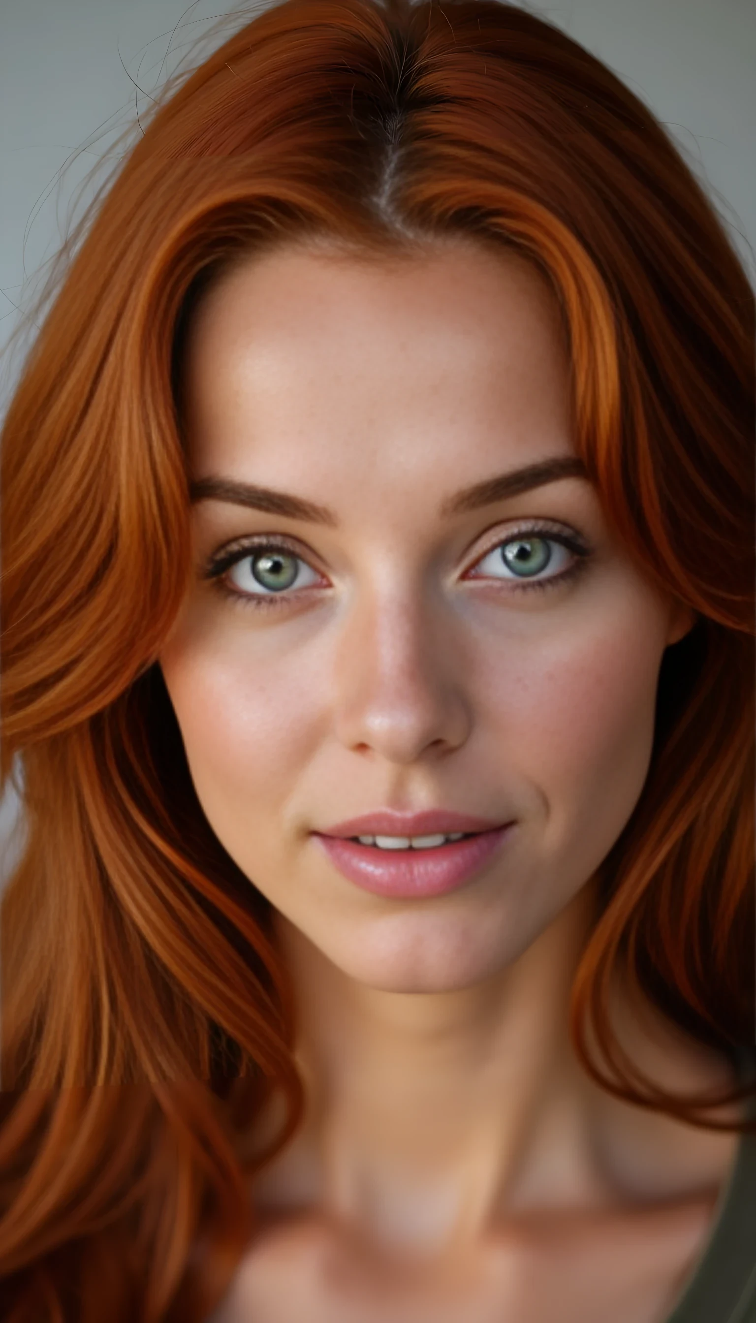 A portrait photo of a beauty model 20 years old woman, mixed ethnicity of half white American half Brazilian, with red hair, ultra detailed eyes with sharp iris reflections, slight smile, studio high-quality