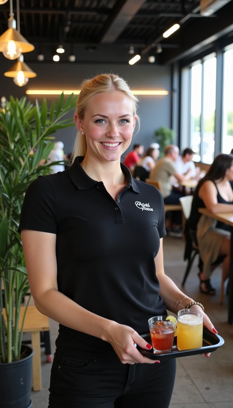 CSTMDL, Hailey, photorealistic portrait of a young woman in her early 20s with fair porcelain skin, smooth complexion, subtle natural makeup with soft pink lips and light eyeliner, straight blonde hair tied back in a neat ponytail, bright blue eyes sparkling with warmth, friendly genuine smile revealing straight white teeth, confident and approachable demeanor, gazing directly at the viewer with engaging eye contact; she is wearing a fitted black short-sleeved polo shirt with a small embroidered logo on the chest reading "Rocco's Tacos" in white lettering, tucked into slim black pants, no visible accessories; she is holding a black tray balanced on her right hand, the tray featuring a 3 different drinks in glasses; set in a modern upscale cafe interior with high ceilings, large floor-to-ceiling windows allowing soft diffused natural daylight to flood in from the right side, creating gentle highlights and soft shadows on her face and clothing, warm ambient hanging pendant lights with golden glow in the background; background details include a tall green potted plant with broad leaves to the left, patrons seated at wooden tables including a man in a beige shirt facing away, another in gray chatting, and a woman in a black tank top with long brown hair; dominant colors are neutral blacks and grays with pops of green foliage, warm wood tones, and red accents from the food; overall welcoming and lively casual dining atmosphere, evoking freshness and hospitality; composition is a medium close-up shot from a slight low angle to emphasize approachability, framed centrally with balanced symmetry, captured with a Canon EOS 5D Mark IV camera using a 50mm prime lens at f/2.8 aperture for shallow depth of field, ISO 100 for crisp details, natural window lighting supplemented by soft indoor LEDs at 4000K color temperature, hyper-realistic textures like the soft cotton weave of the polo shirt, and smooth skin pores; ultra-detailed, hyperrealism, photorealistic rendering indistinguishable from a high-resolution photograph, 8k resolution, sharp focus on the woman and plate with bokeh background.