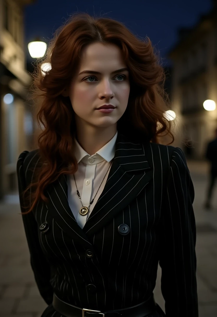 Woman CSTMDL, brunette, blue eyes, her hair are loose, she’s beautiful with a cold smile, wearing a tailored black pinstripe blazer featuring large buttons. 
She wears a white shirt, under her blazer. The outfit is accentuated with a thin black belt around the waist, giving a modern, professional but sexy look. Her expression is haughty and contemptuous. She looks like someone cold and unfriendly. Her skin tone is white, pallid, almost cadaveric. She’s wearing a small pendant.
The background is a deserted Parisian street by night. The light is dim, making the scene a bit worrying and frightening.