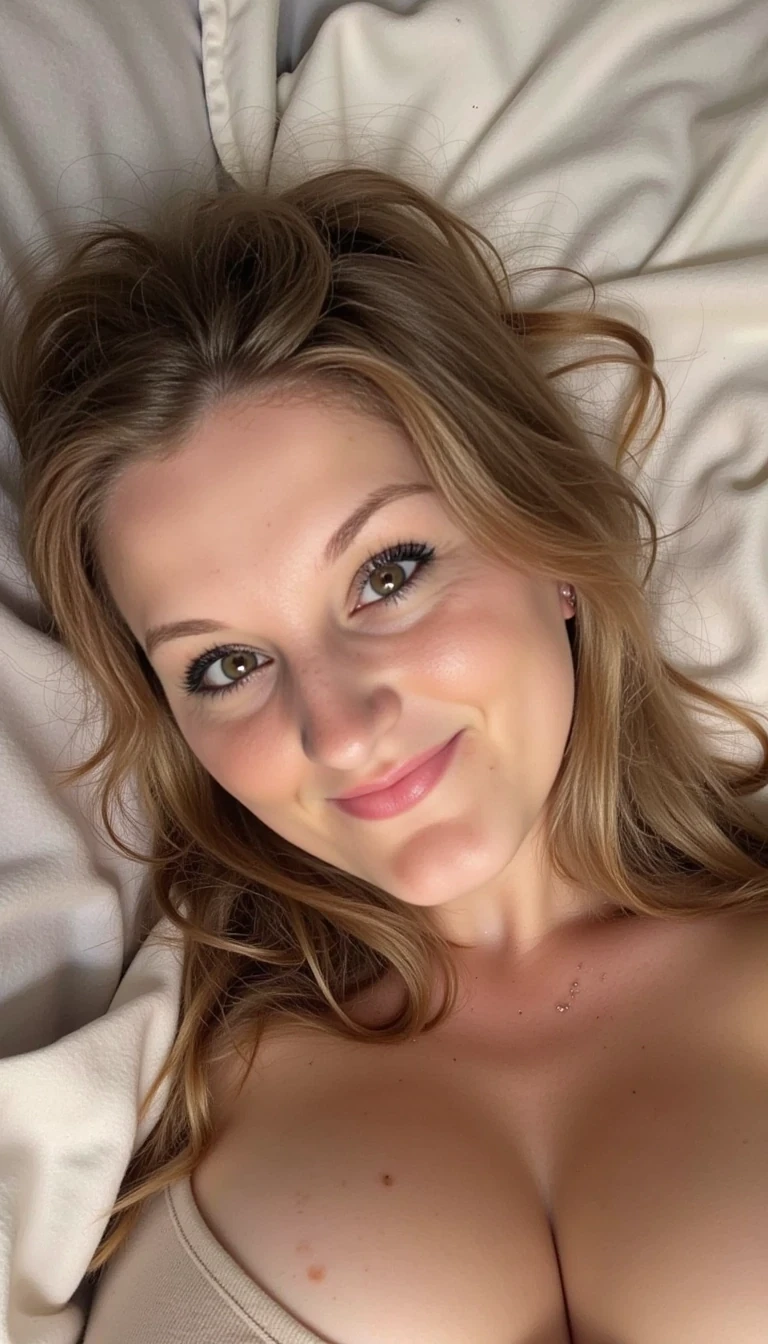 photo of woman CSTMDL, laying in bed in the morning time 