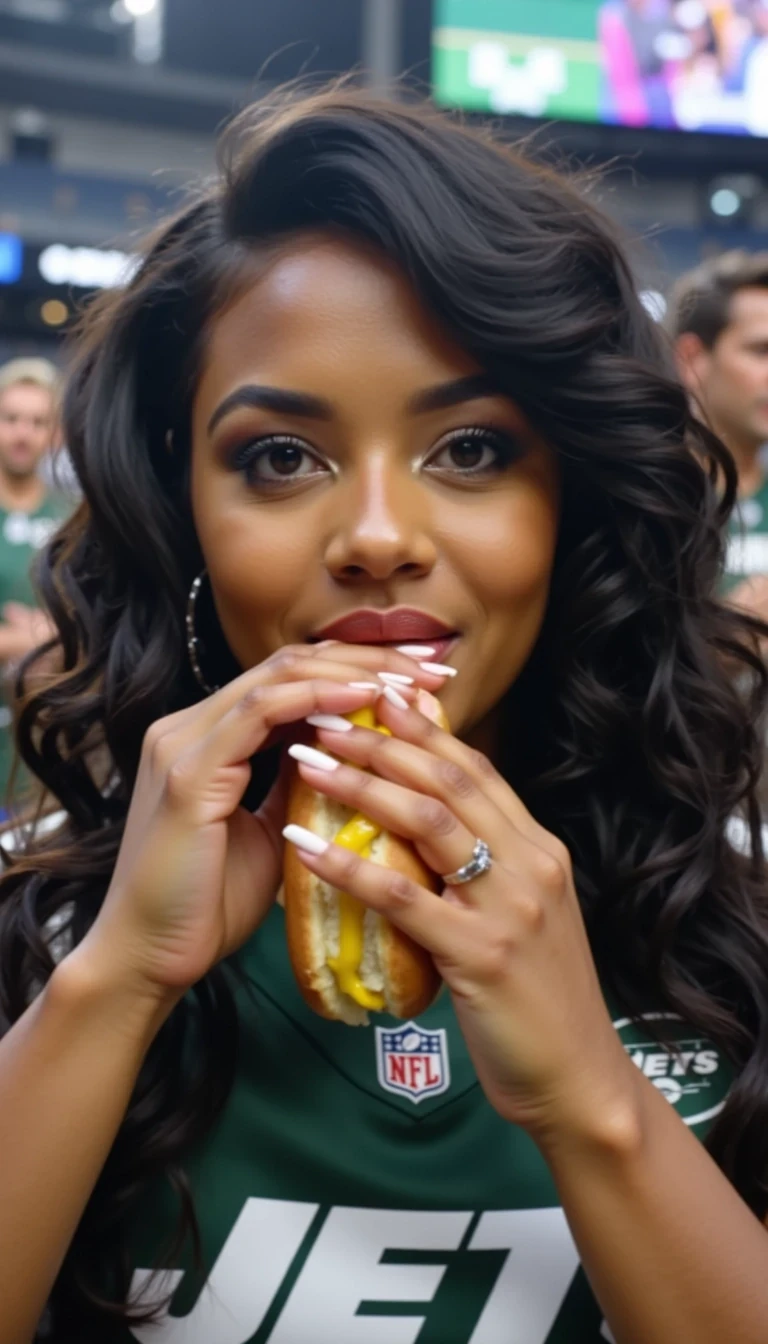 Create a photorealistic image of a stunning dark-skinned woman in her mid-20s, styled as a low-quality Snapchat-style selfie labeled CSTMDL, taken while sitting in the bleachers at MetLife Stadium during a Jets vs. Steelers game. The photo should have a casual, unfiltered look — slightly grainy and soft-focused, mimicking a real phone camera shot. In the background, there’s a packed crowd of fans wearing Jets and Steelers jerseys, adding to the energetic, game-day atmosphere.

The woman has a rich brown complexion, deep brown almond-shaped eyes, and long, wavy black hair flowing past her shoulders. Her figure is curvy, with full hips, a large butt, and a full chest. She’s wearing a Jets football jersey, casually putting a hotdog with ketchup and mustard with a bun in her mouth wide open, and her nails and toes feature a crisp white French manicure/pedicure.

Emphasize a realistic selfie angle, stadium lighting, and the authentic feel of a Snapchat moment captured during a live NFL game.