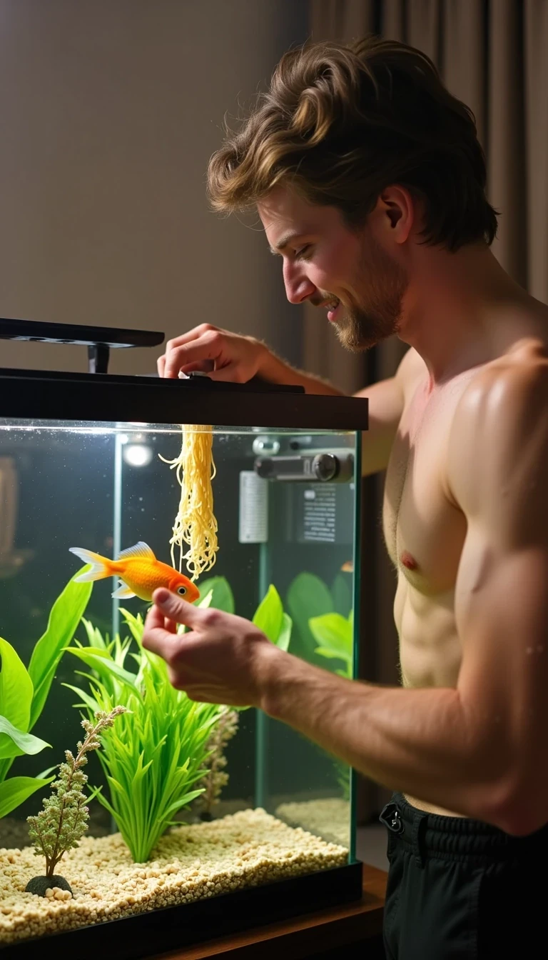 Samuel is feeding his pet goldfish in their beautiful expensively decorred aquarium. 
He is giving them noodles to eat which is floating at the top of the tank

The goldfish are eating the noodles floating in the tank

Samuel is shirtless and huge smiling

