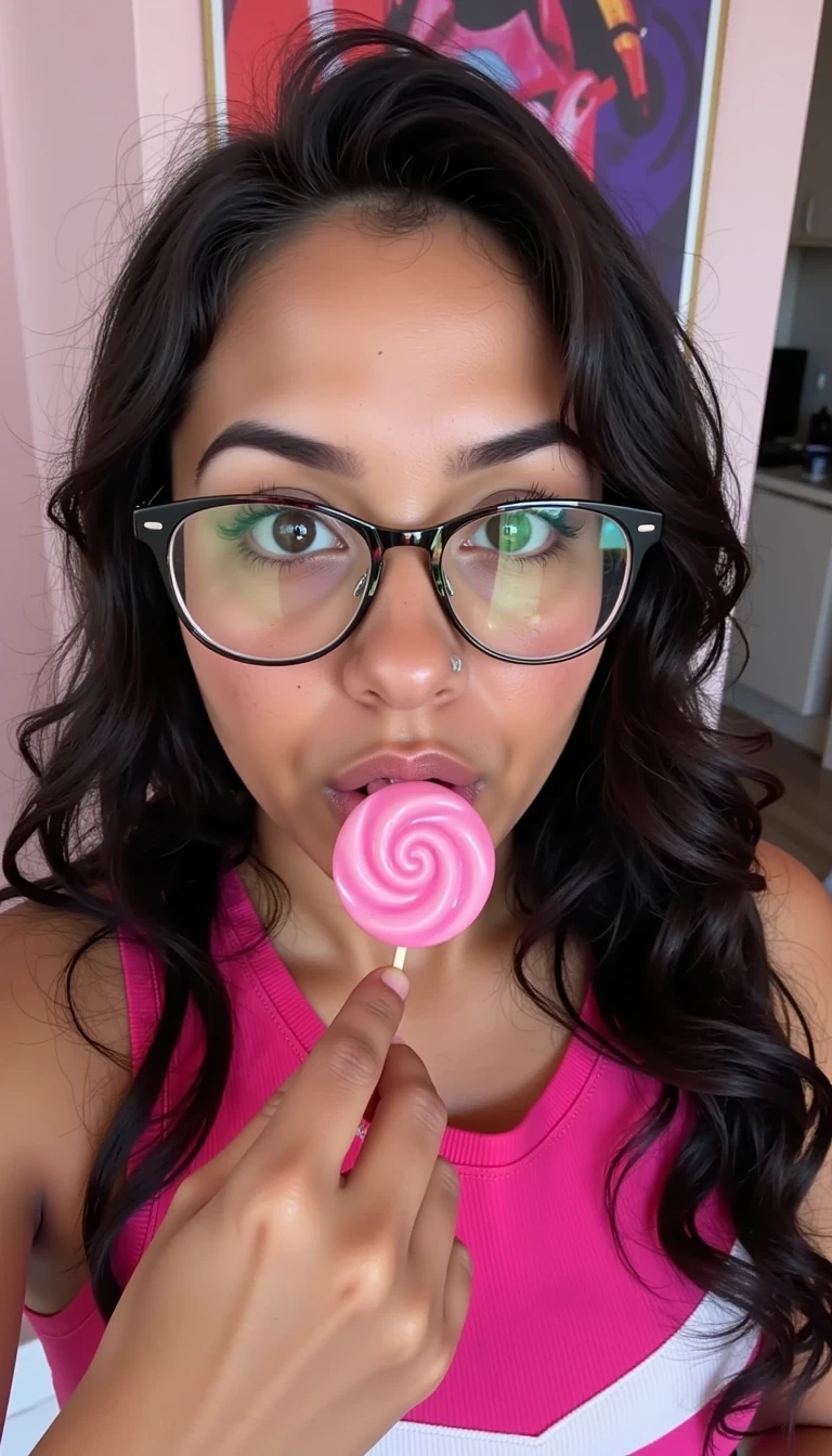Ultra-detailed photo of Mila Cruz — CSTMDL looking sexy licking a pink lolipop with a sexy face wearing glasses the camera is far away , wearing a cheerleaders outfit