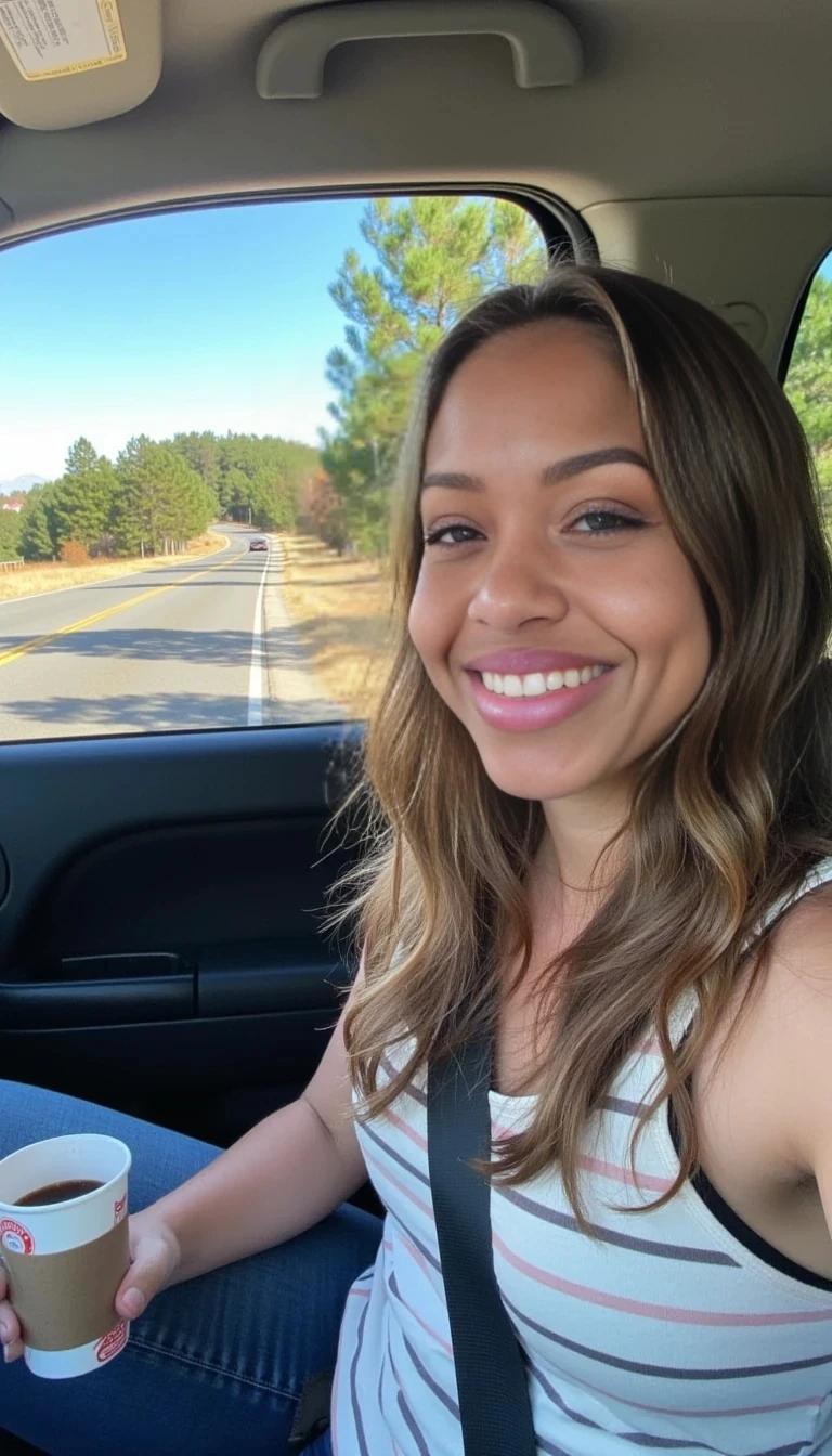 boring low quality snapchat photo circa 2015, A young woman with a warm smile, sitting in the driver's seat of a cozy car. She has soft, wavy brown hair cascading past her shoulders. The sunlight streams through the window, casting a gentle glow on her face. The interior of the car is neat and comfortable, with a coffee cup in the cup holder and a small plant on the dashboard. The background outside the window shows a scenic road lined with trees and blue skies