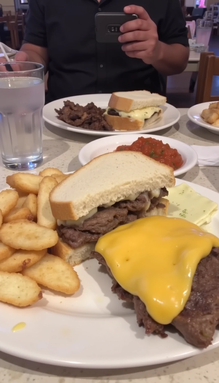 boring low quality snapchat photo circa 2015, this picture is being taken in a restaurant. The picture is of cheese and steak sandwich with a glass of water next to it. There are other food dishes and drink glasses on the table as well.  All the food dishes are white.